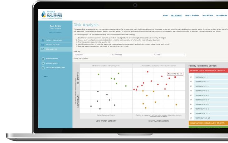 Screen capture of water risk monetizer website displayed on laptop.