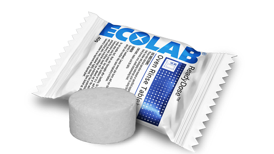 Ecolab ReadyDose Oven Cleaner Tablet with packaging and a white cleaning tablet