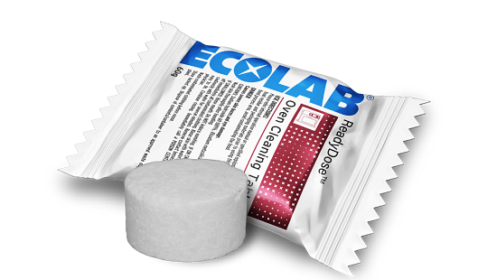 Ecolab ReadyDose Oven Rinse Tablet with packaging and a white cleaning tablet