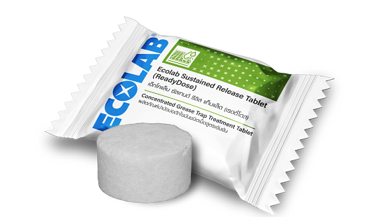 Ecolab ReadyDose Sustained Release Tablet with packaging and a white cleaning tablet